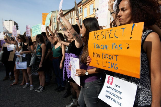 Woman's placard reads 'Respect ! Don't touch my right to abort'. For the Global Day of Action for Access to Safe and Legal Abortion, people gathered and rallied in Toulouse, France, for the right of choice to abort as elsewhere in Europe. September 23th, 2017. (Photo by Alain Pitton/NurPhoto via Getty Images)