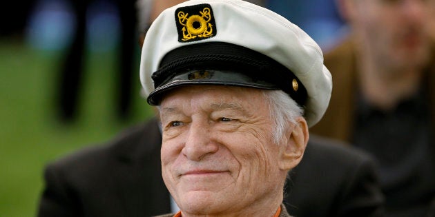 Playboy Magazine founder Hugh Hefner smiles at the Playboy Mansion in Los Angeles, Calif., Feb. 10, 2011.