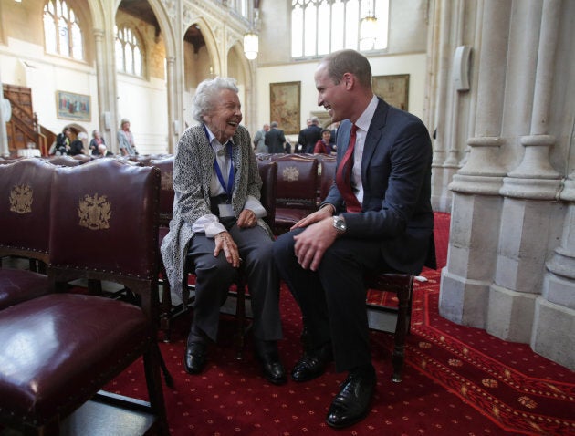 The Duke of Cambridge talking to Iris Orrell at the Guildhall, London.