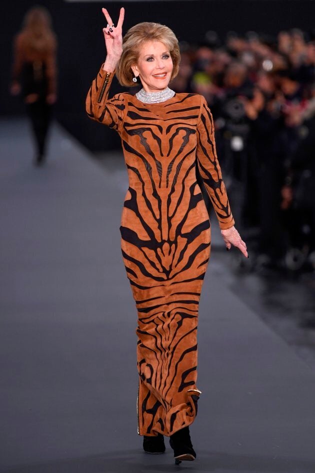 Jane Fonda at the L'Oreal fashion on the sidelines of the Paris Fashion Week on October 1, 2017, on a catwalk set up on the Champs-Elysees avenue in Paris (CHRISTOPHE SIMON/AFP/Getty Images)