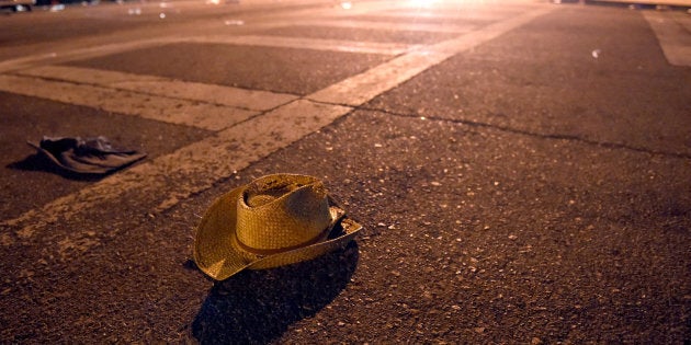 A cowboy hat lays in the street after shots were fired near a country music festival on Oct. 1, 2017 in Las Vegas, Nev.