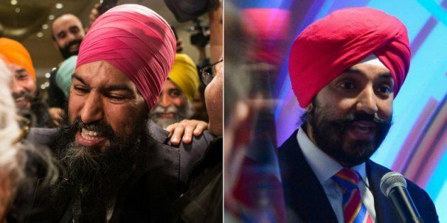 Jagmeet Singh, left, was named the NDP's new federal leader on Sunday. Navdeep Bains, right, is Canada's innovation minister.
