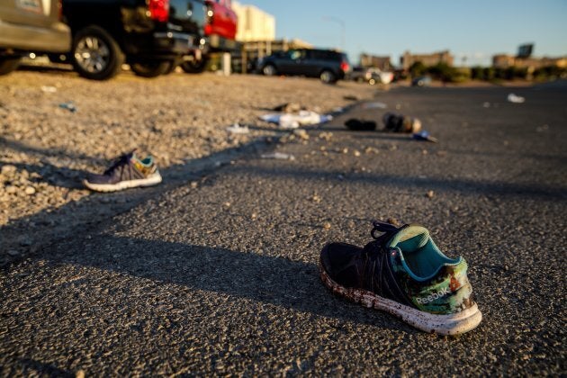 Discarded personal items covered in blood sit on Kovaln Lane, in the aftermath of the mass shooting leaving at least 58 dead and more than 500 injured, in Las Vegas on Monday.