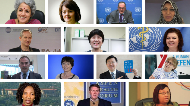 Top row: Dr. Soumya Swaminathan; Jane Ellison; Dr. Peter Salama; Prof. Lubna A. Al-Ansary; second row: Dr. Bernhard Schwartländer; Dr. Naoko Yamamoto; Dr. Svetlana Axelrod; third row: Dr. Ranieri Guerra; Ambassador Michèle Boccoz; Dr. Ren Minghui; Dr. Mariângela Batista Galvão Simão; bottom row: Dr. Princess Nothemba (Nono) Simelela; Mr. Stewart Simonson; Dr. Joy St John