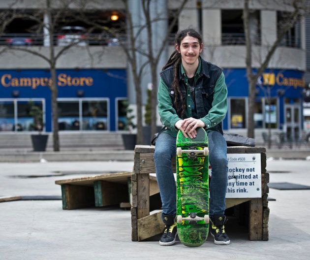 Nick Carveth skateboards on Ryerson's campus Saturday April 28, 2012. Carveth had just completed his second year at Ryerson studying social work. He was in recovery from concurrent disorders through CAMH and used skateboarding as a way to reduce his anxiety.