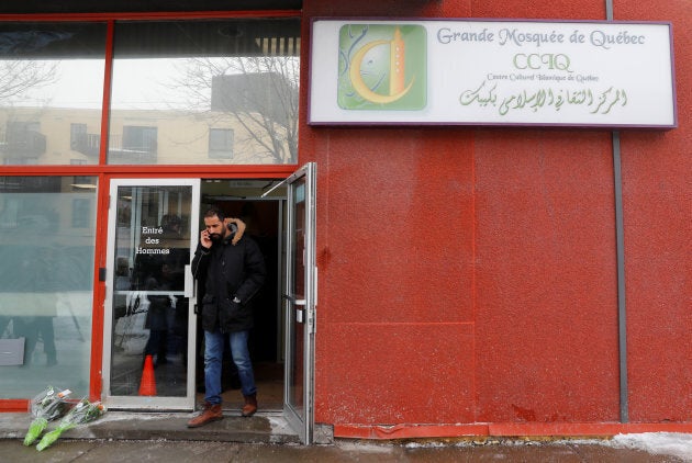 A man leaves the Quebec Islamic Cultural Centre in Quebec City on Feb. 1, 2017.