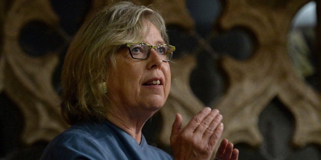 Green Party Leader Elizabeth May asks a question to Prime Minister Justin Trudeau in the House of Commons on Oct. 3, 2016.