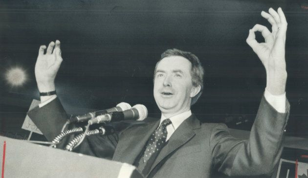 File photo: Then prime minister Joe Clark forms zeros with his hands to show how many policies the Liberals have on Feb. 14, 1980.