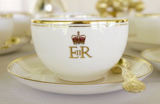 Cup and saucer in the Royal Tea Tent bearing the Queen's cypher. (Photo by Tim Graham/Getty Images)