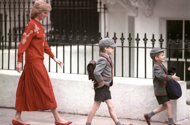 Diana, Princess of Wales following her sons Prince Harry and Prince William, 1989.