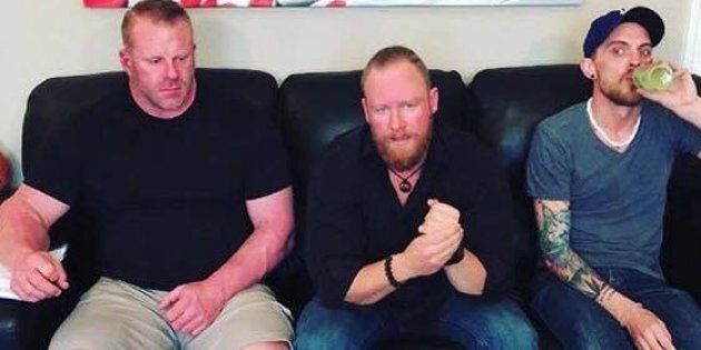 'The Sex And Suicide Podcast' being broadcast Facebook Live with creator and co-host Shawn Evans (C) in between co-hosts Scott Milne (L) and Paulie O'Byrne (R).