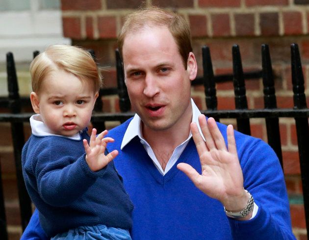 Prince William and his son George to the Lindo Wing of St Mary's Hospital, after the birth of his daughter in London, Britain May 2, 2015.
