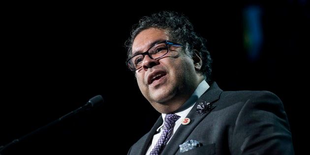Calgary Mayor Naheed Nenshi speaks after receiving an award from Prime Minister Justin Trudeau during the Public Policy Testimonial Dinner in Toronto on April 20, 2017.