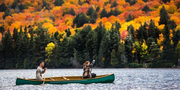 A couple enjoys a ride on a canoe in Algonquin Park in Ontario.