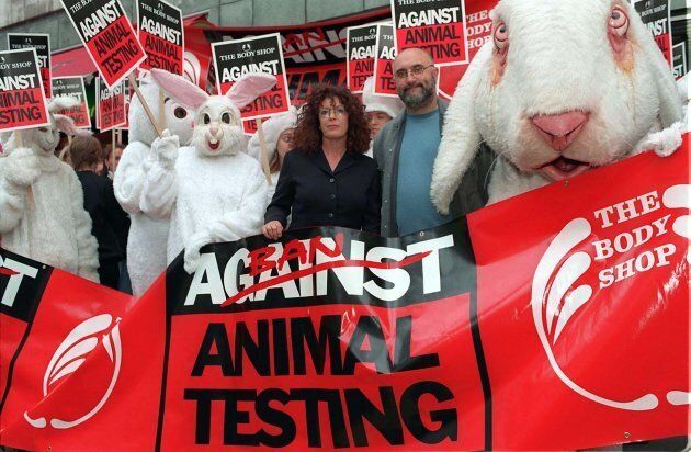 Anita Roddick of the Body Shop and comedian Alexei Sayle challenge the Cosmetic, Toiletry & Perfumery Association to back an EU ban for cosmetics testing on animals in London.