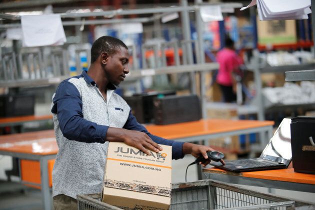 A man works at a warehouse for online retailer Jumia in Ikeja district, Nigeria's commercial capital.
