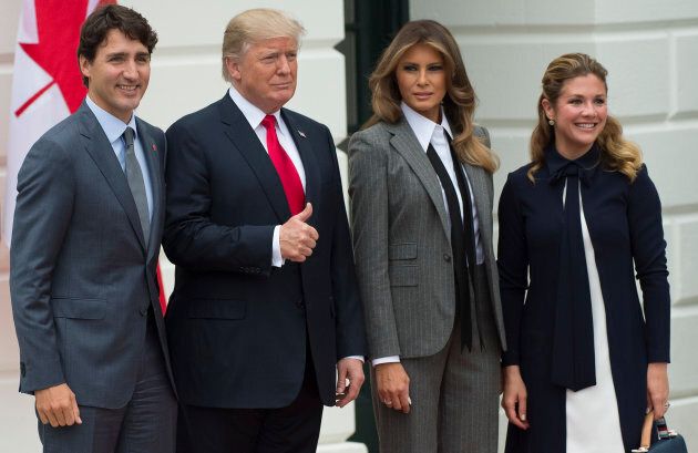 President Donald Trump and First Lady Melania Trump welcome Prime Minister Justin Trudeau and Sophie Grégoire Trudeau at the White House in Washington, D.C., on Oct. 11, 2017.