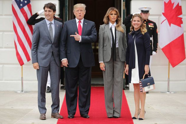 Prime Minister Justin Trudeau, President Donald Trump, First Lady Melania Trump and Sophie Grégoire Trudeau pose for photographs at the White House on Oct. 11, 2017 in Washington, D.C.