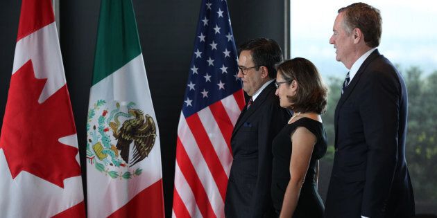 Mexico's Secretary of Economy Ildefonso Guajardo Villarreal, Canada's Minister of Foreign Affairs Chrystia Freeland, and United States Trade Representative Robert E. Lighthizer gather for a trilateral meeting at Global Affairs on the final day of the third round of the NAFTA renegotiations in Ottawa, Ont., Sept. 27, 2017.