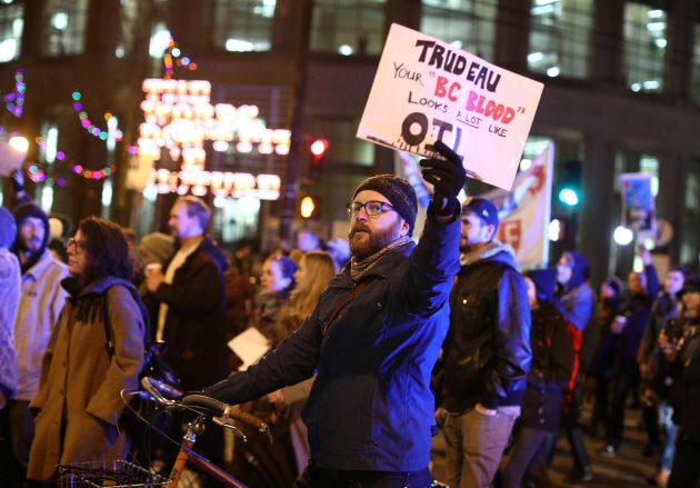 Protesters gather to voice their opposition to Canada's decision to approve Kinder Morgan Inc.'s pipeline from the Alberta oil sands to the Pacific coast in Vancouver, B.C., on Nov. 29, 2016.