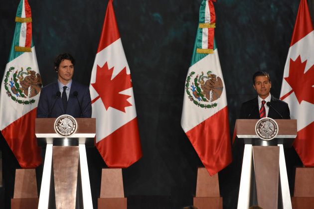 Prime Minister Justin Trudeau and Mexican President Enrique Pena Nieto appear at a press conference at the National Palace on Oct. 12, 2017 in Mexico City, Mexico.