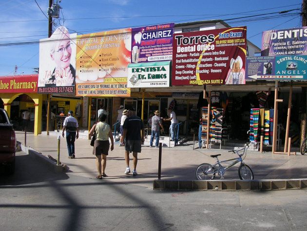 Less than a block after crossing into Mexico, U.S. tourists are bombarded with billboards touting the dental services in Los Algodones, Mexico, as pictured here March 2, 2009.