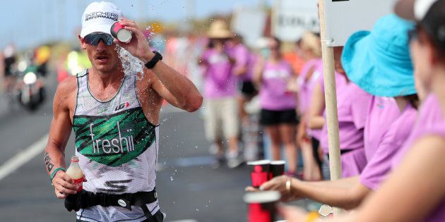 Lionel Sanders of Canada cools down during the IRONMAN World Championship on October 14, 2017 in Kailua Kona, Hawaii. (Tom Pennington/Getty Images for IRONMAN)