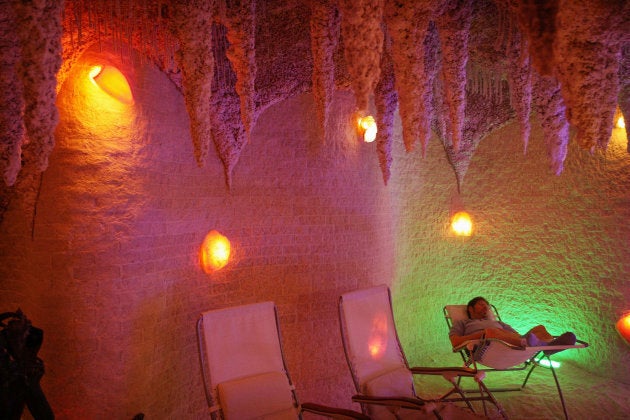 John Montgomery relaxes in the Galos Caves salt cave in Chicago, Illinois. Sessions are purported to help with a host of medical issues, including sinus and respiratory problems, allergies, and high blood pressure. (Scott Olson/Getty Images)