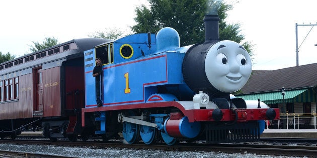 Thomas the Tank Engine arrives at Strasburg Rail Road for Thomas & Friends: A Day Out with Thomas Tour 2014 in Pennsylvania.