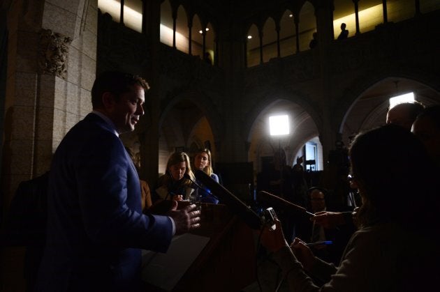 Conservative Leader Andrew Scheer speaks to reporters in the foyer of the House of Commons on Oct. 16, 2017.