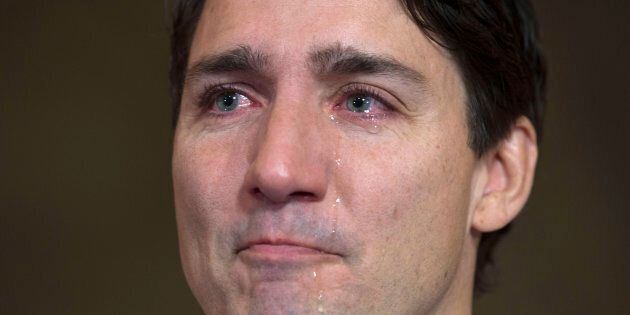 Tears roll down Canadian Prime Minister Justin Trudeau's face as he speaks about Tragically Hip singer Gord Downie before caucus on Parliament Hill on Oct. 18, 2017.