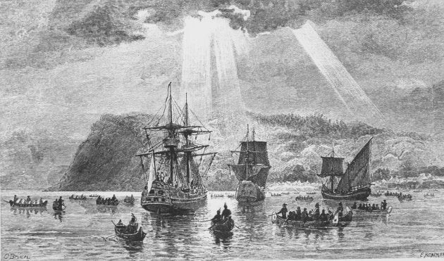 The arrival of French explorer Jacques Cartier (1491-1557) at what is now Quebec.