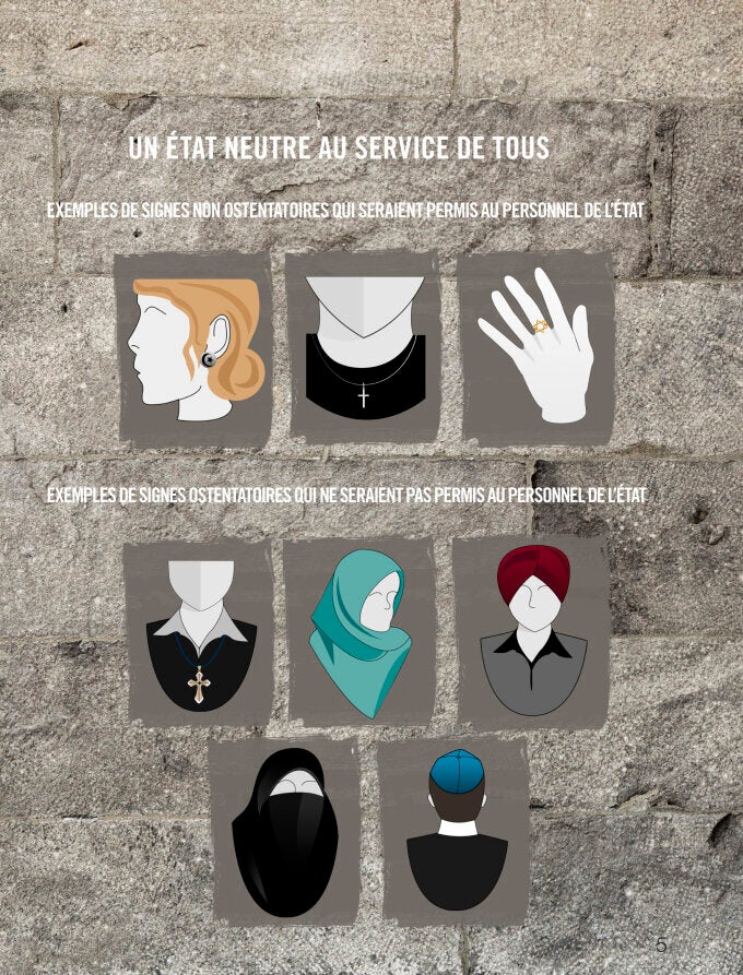 A page from a PDF document released by the Quebec provincial government on Sept. 10, 2013 that shows acceptable symbols (top row) for provincial employees to wear, and non-acceptable symbols for provincial employees to wear (bottom two rows).