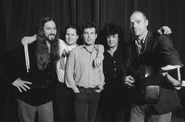 Portrait of The Tragically Hip (NOT in order:, Rob Baker, Gord Sinclair, Johnny Fay, Paul Langlois, Gord Downie) backstage at The Fillmore in San Francisco, Calif. in April of 1999.