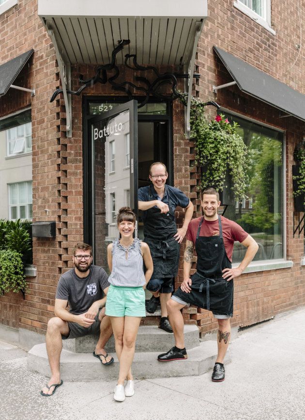 L to R: Pascal Bussieres (sommelier and partner), Amelie Pruneau (server), Paul Croteau (Pastry Chef and partner), Chef Guillaume St-Pierre outside Battuto.