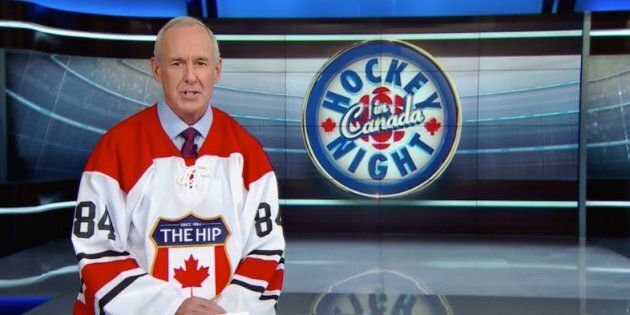 Ron MacLean wears a Tragically Hip jersey for 'Hockey Night In Canada' on Saturday.