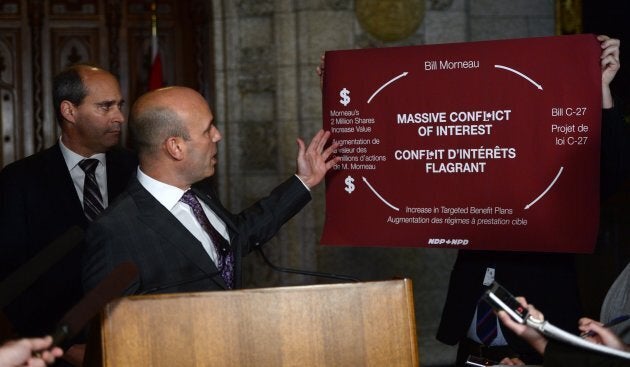 NDP MP Nathan Cullen, right, and NDP parliamentary Leader Guy Caron take part in a press conference in the foyer of the House of Commons on Oct. 17, 2017.