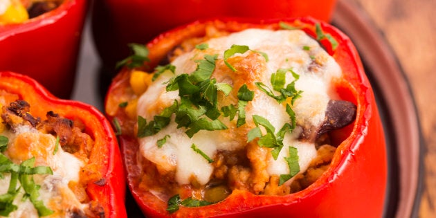 Stuffed peppers with meat, kidney beans and corn.