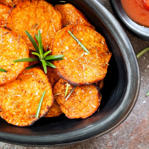 Sweet potato fries with rosemary and ketchup.