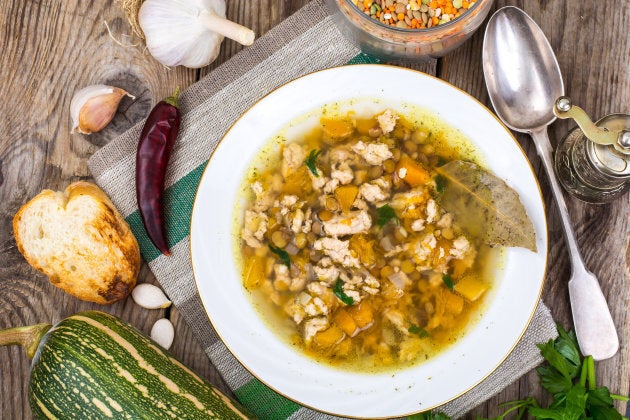 Spicy chicken soup with lentils and pumpkin.