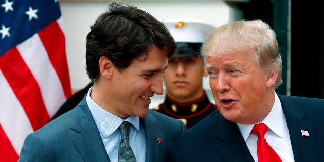 U.S. President Donald Trump welcomes Canadian Prime Minister Justin Trudeau at the White House in Washington, D.C., Oct. 11, 2017.