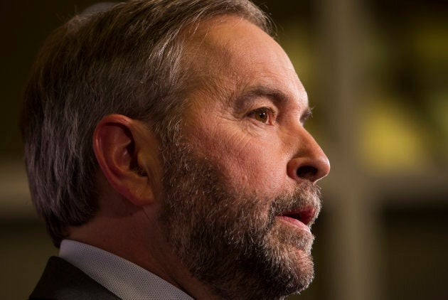 Thomas Mulcair speaks to media after a leaders' debate in Calgary during the 2015 federal election.