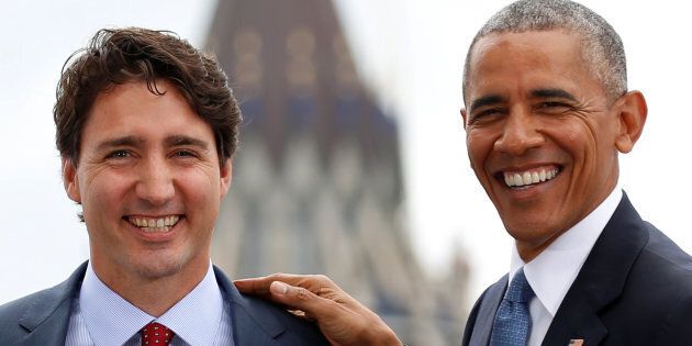Former U.S. president Barack Obama and Prime Minister Justin Trudeau at the North American Leaders' Summit in Ottawa on June 29, 2016.