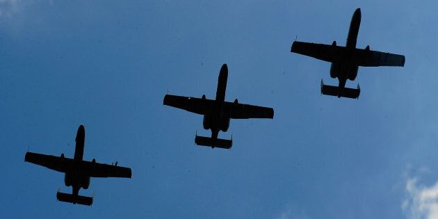 A-10 Warthogs planes perform a flyover on Aug. 15, 2010 in Brooklyn, Michigan.