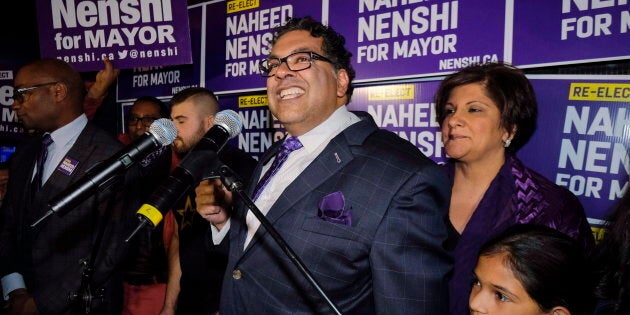 Naheed Nenshi celebrates his victory as Calgary's mayor following municipal elections in Calgary, Alta., early Tuesday, Oct. 17, 2017.