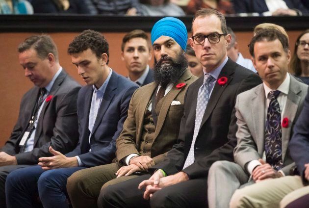 NDP Leader Jagmeet Singh listens to U.S. Senator Bernie Sanders at the University of Toronto on Oct. 29, 2017.