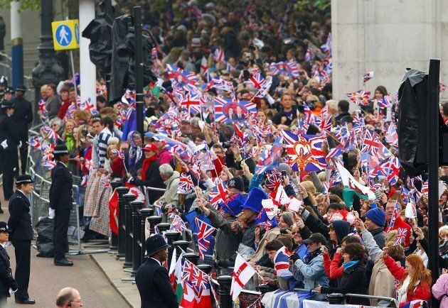 Crowds gather on the mall prior to the wedding of Prince William and Kate Middleton.