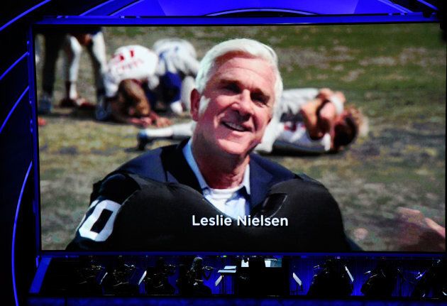 A picture of actor Leslie Nielsen is displayed during an homage during the 83rd Annual Academy Awards, Feb. 27, 2011 ,in Hollywood, Calif.