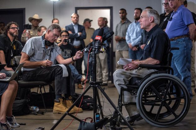 Texas Gov. Greg Abbott gives an update during a news conference at the Stockdale Community Center following the deadly shooting on Sunday.