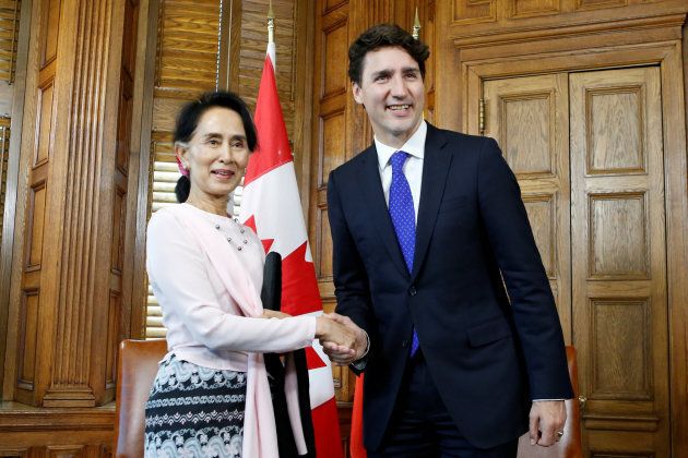 Prime Minister Justin Trudeau meets with Myanmar State Counsellor Aung San Suu Kyi in his office on Parliament Hill in Ottawa on June 7, 2017.